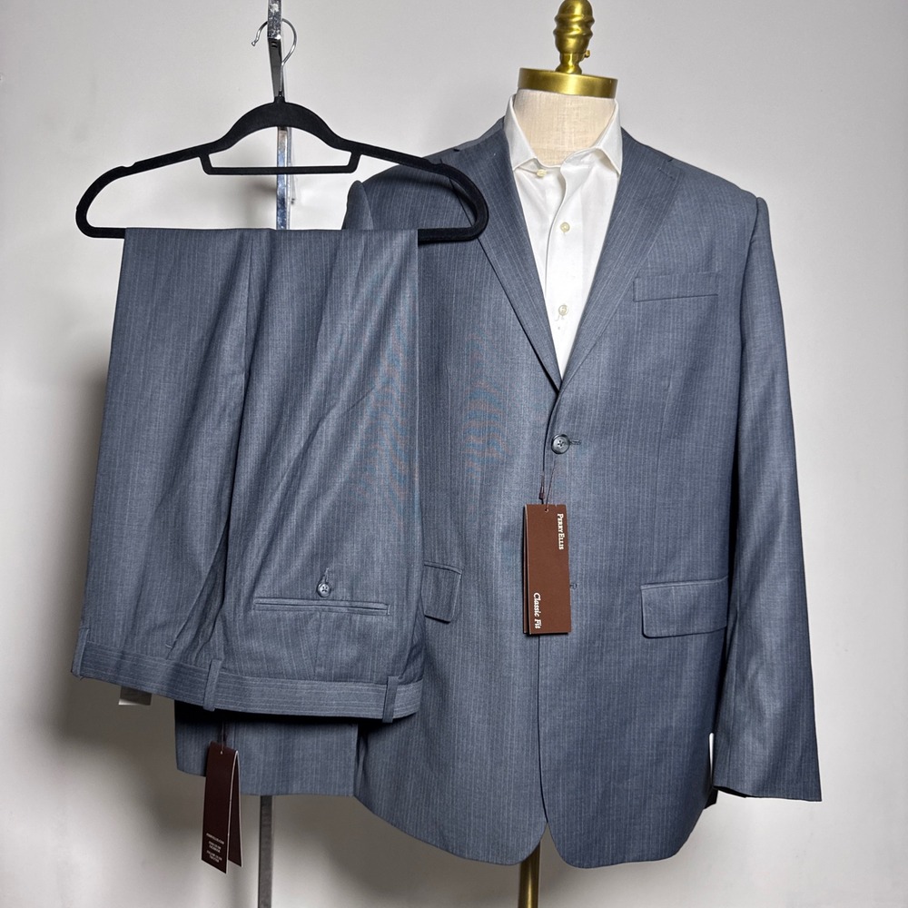 Perry Ellis Suit Mens 44R 36x31 Grey Pinstripe Classic Fit 2-Button Professional